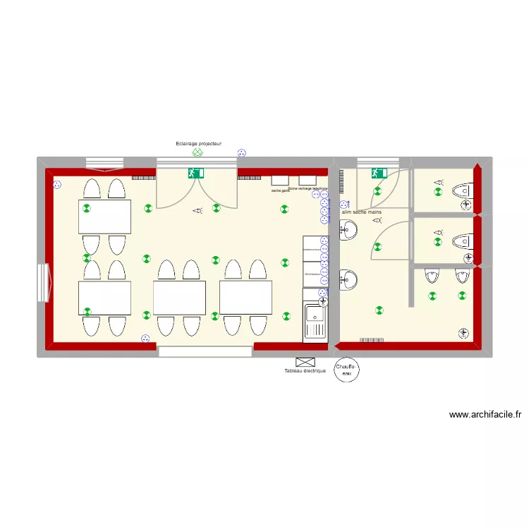 Salle HS apres travaux. Plan de 7  et 40 m²