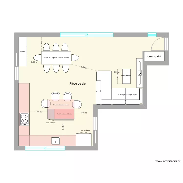 Pi&egrave;ce de vie. Plan de 1  et 44 m²