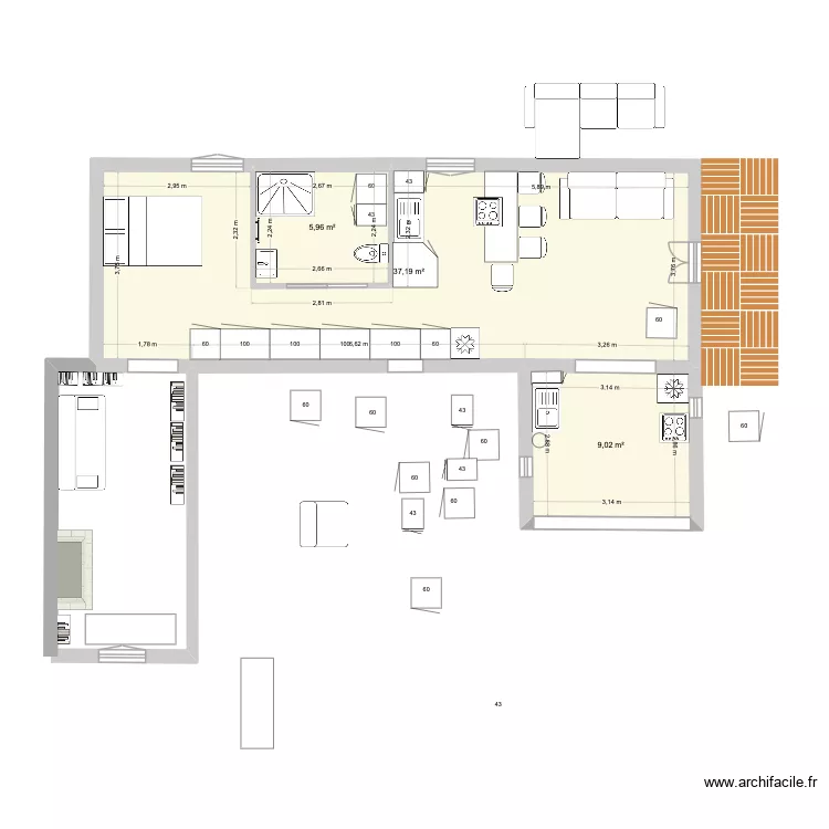 plan avec cotes archi novembre25CUISINE. Plan de 3 pièces et 52 m²