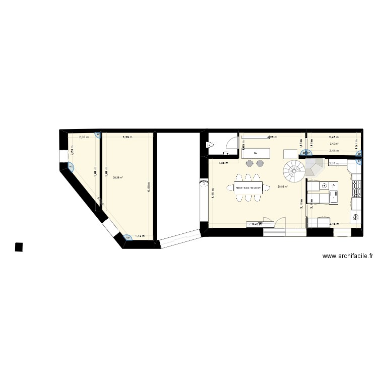 plan maison meublé 005. Plan de 3 pièces et 84 m2