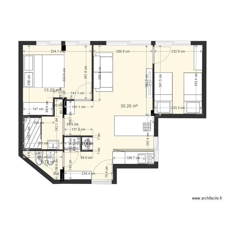 bene33. Plan de 3 pièces et 45 m2