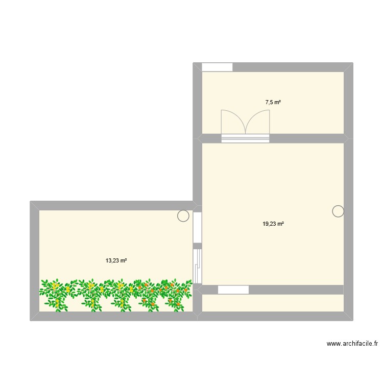 rdc 2. Plan de 3 pièces et 40 m2