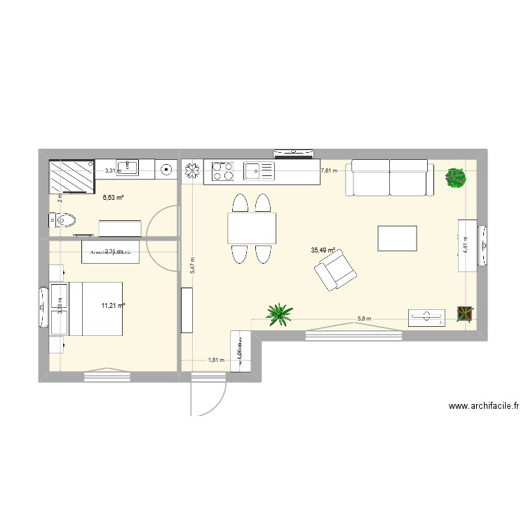 gite2. Plan de 3 pièces et 53 m2