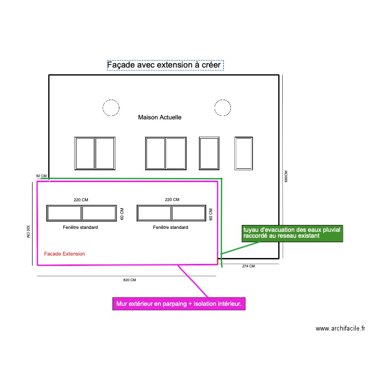 Façade avec extension projet . Plan de 0 pièce et 0 m2