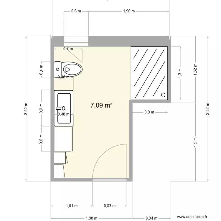 Totem-SdB. Plan de 1 Pièce et 7 m²