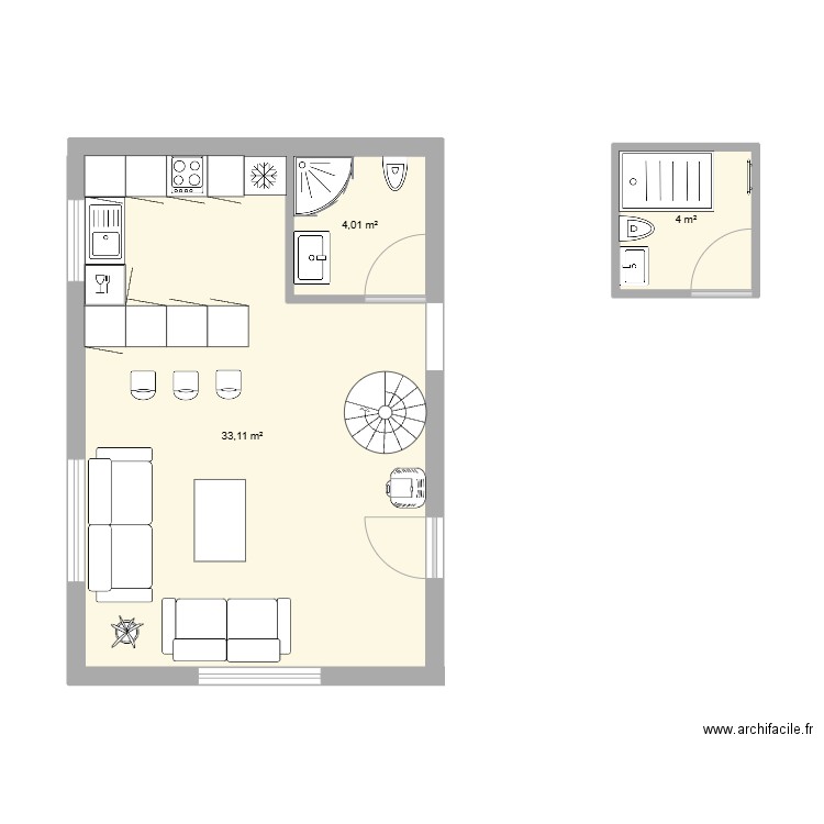 Cuisine salon. Plan de 3 pièces et 41 m2