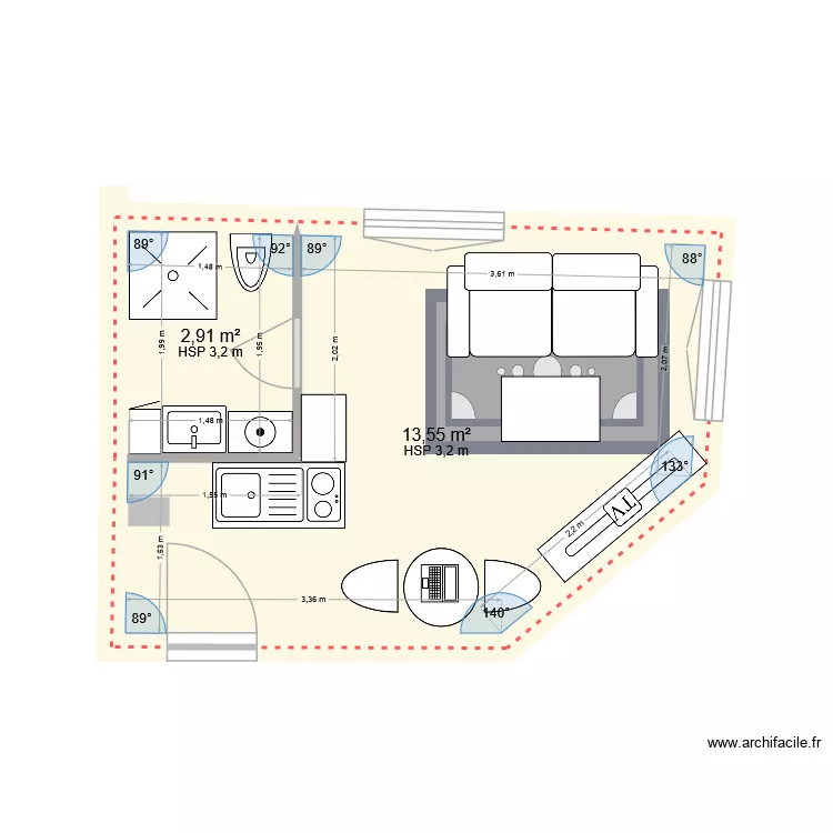 Studio version 1. Plan de 2 et 16 m² Studio version 1. Plan de 2 et 16 m²