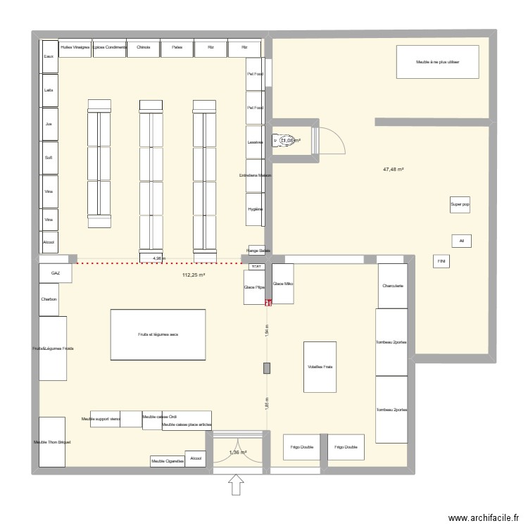 Véli Market avec placement Familles articles. Plan de 4 pièces et 162 m2