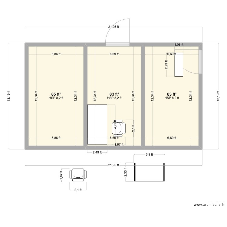 Office Layout3. Plan de 3 pièces et 23 m2