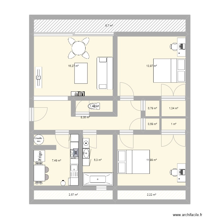 appart1. Plan de 14 pièces et 80 m2