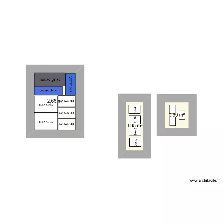 orga dessous de lit. Plan de 3  et 4 m²