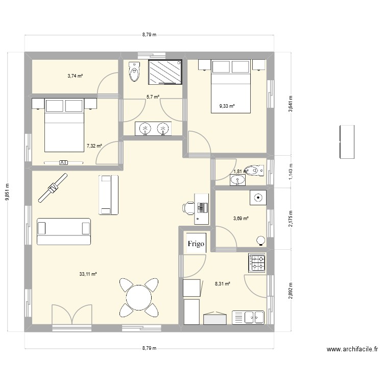Modèle BGF 2. Plan de 8 pièces et 73 m2
