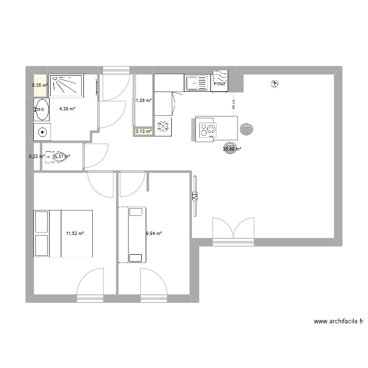 mamie cuisine. Plan de 9 pièces et 64 m2