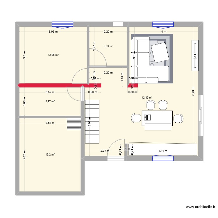 Maison RDC reamenage. Plan de 5 pièces et 82 m2