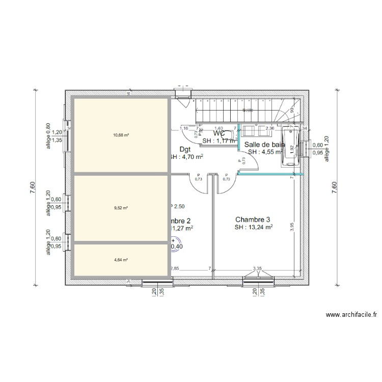 haut. Plan de 3 pièces et 25 m2