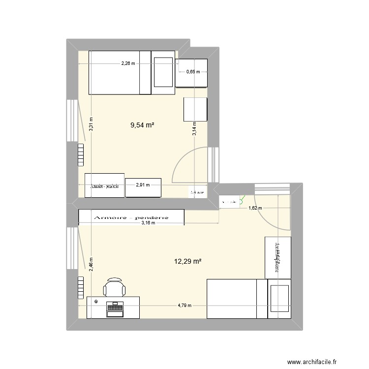 CONFIG 1. Plan de 2 pièces et 22 m2