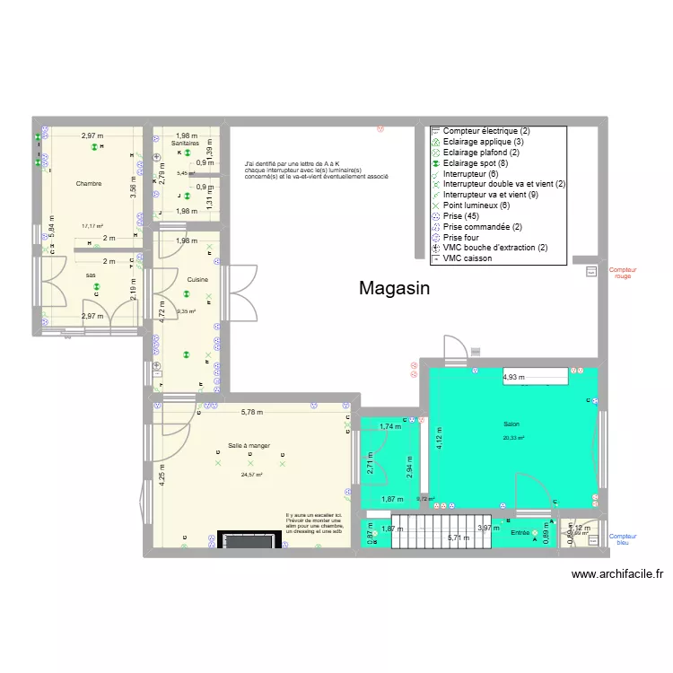 Plan &eacute;lec. Plan de 7 Pièces et 88 m²