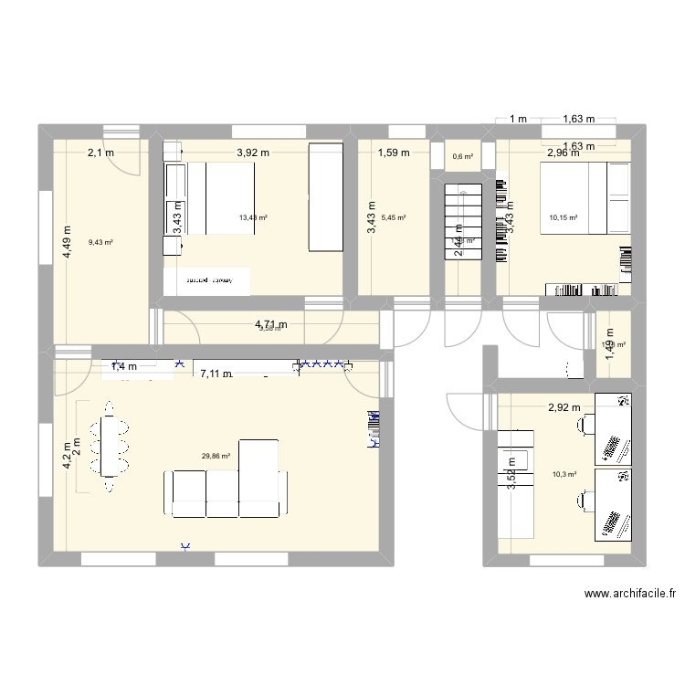 Maison aménagement meuble prise. Plan de 10 pièces et 86 m2