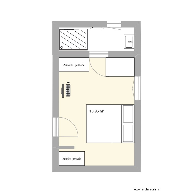 chambre. Plan de 1 pièce et 14 m2