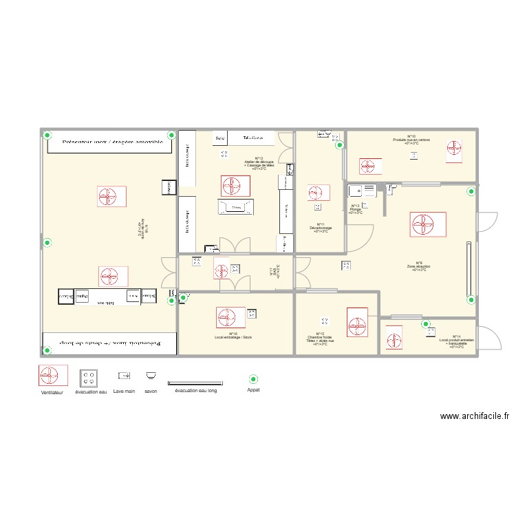 plan 2 dératisation / apats. Plan de 10 pièces et 64 m2