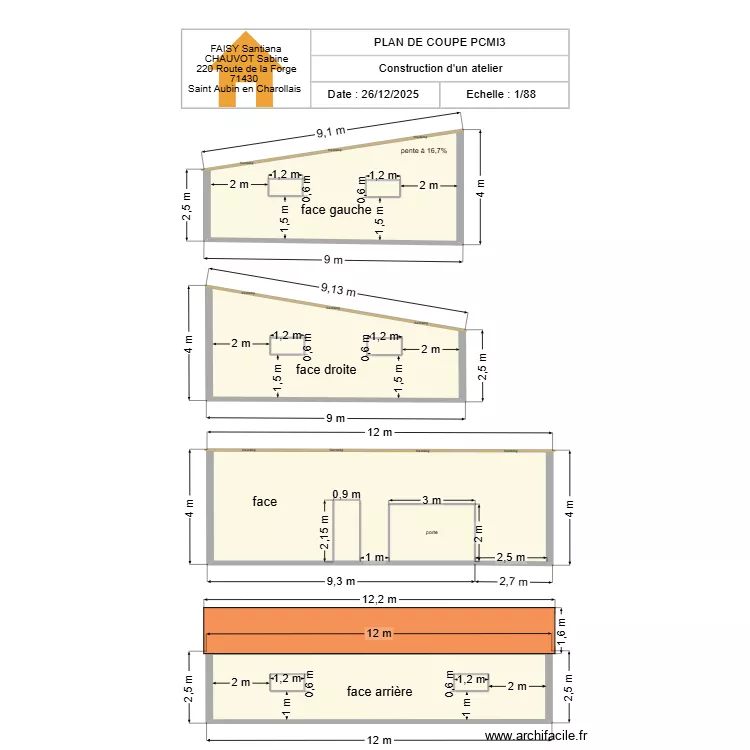 plan de coupe atelier 4,5. Plan de 12  et 129 m²