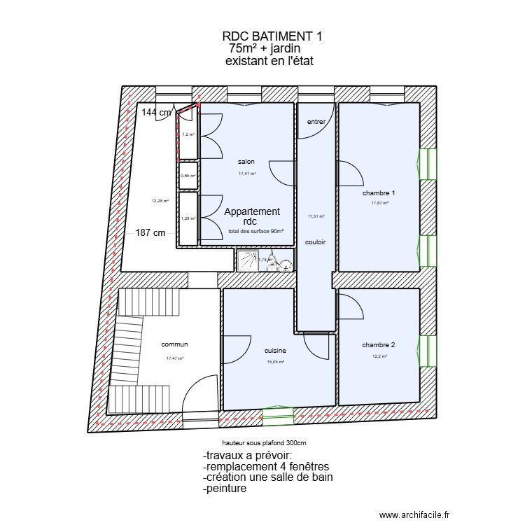 RDC Bâtiment 1 en l'état. Plan de 11 pièces et 109 m2