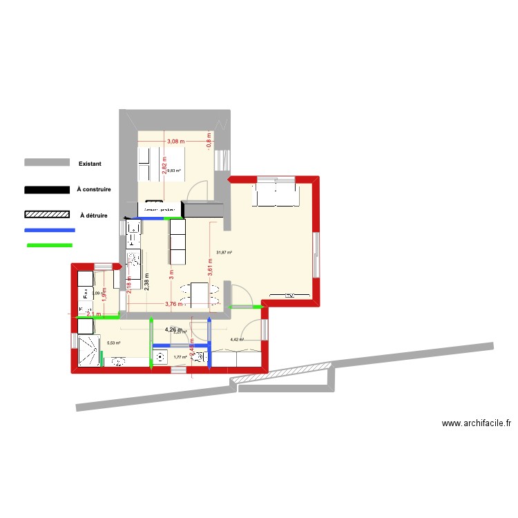 a casuccia 1 bis. Plan de 7 pièces et 59 m2