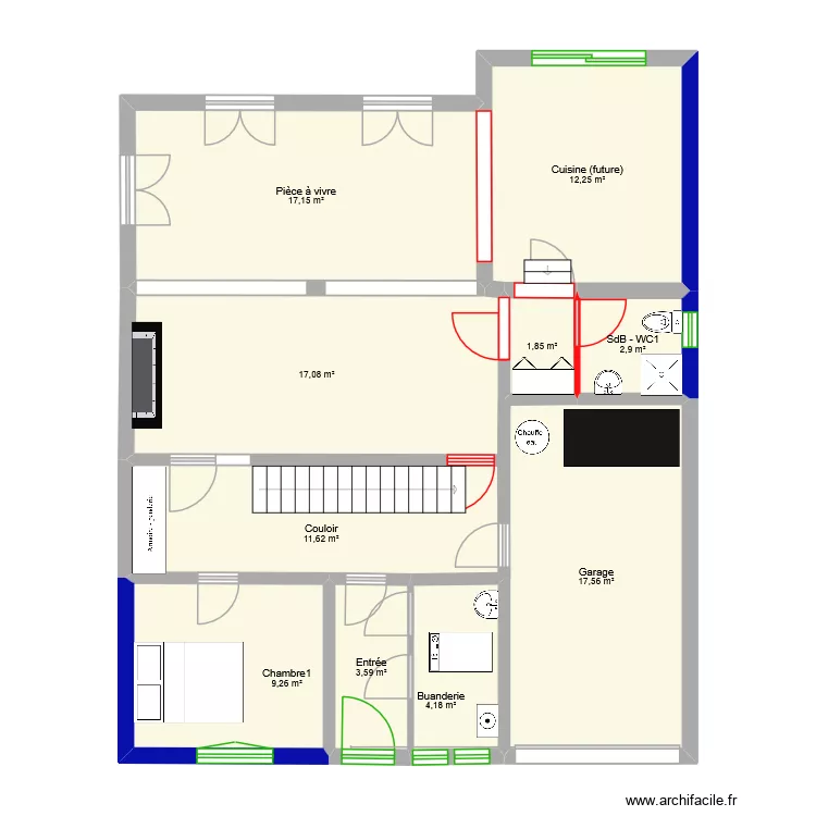 RdC - Cuisine. Plan de 10  et 97 m²