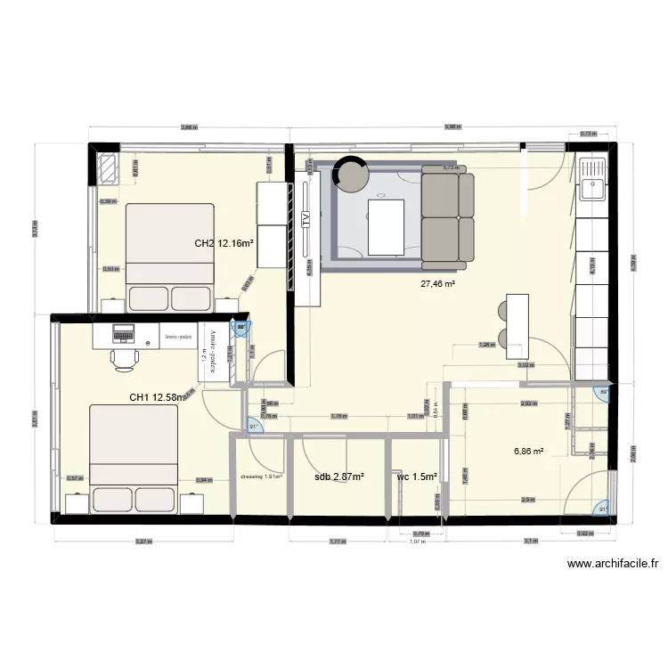 Rénovation appartement Parisien v2. Plan de 8 Pièces et 62 m² Rénovation appartement Parisien v2. Plan de 8 Pièces et 62 m²