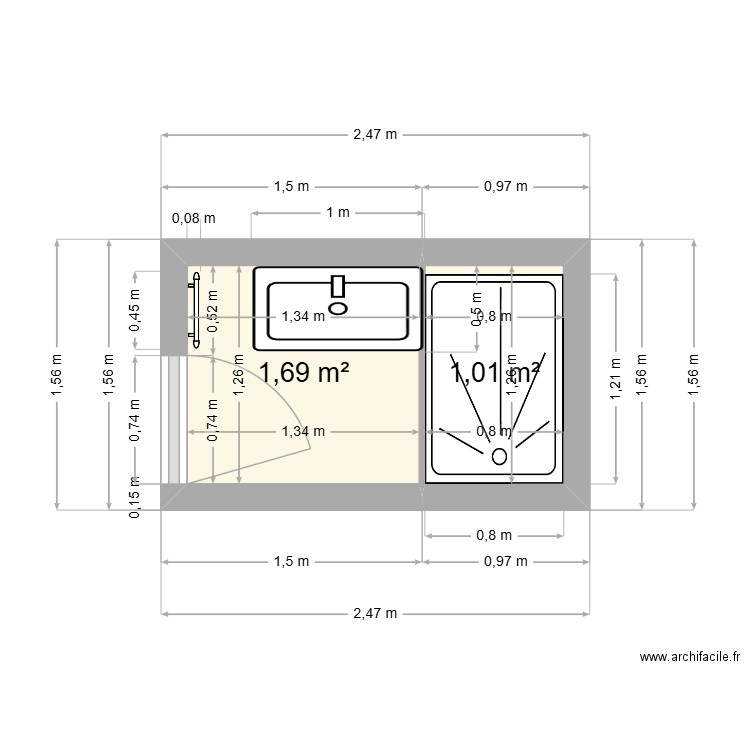 SDB. Plan de 2 pièces et 3 m2