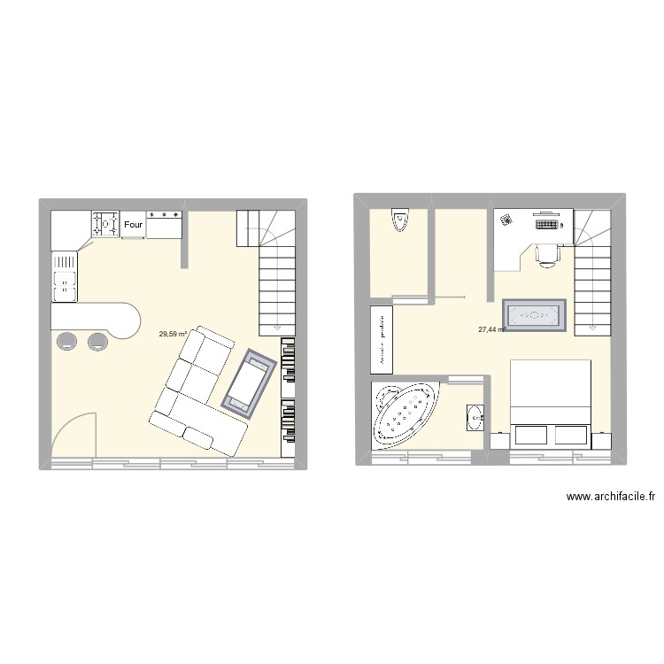 troglogite. Plan de 2 pièces et 57 m2