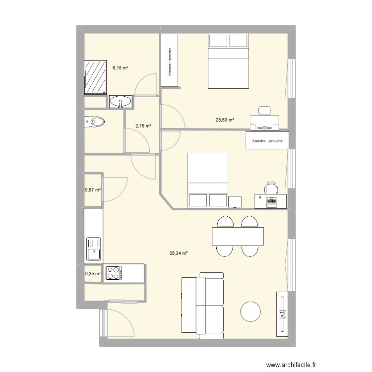 Appart Bruno. Plan de 6 pièces et 70 m2