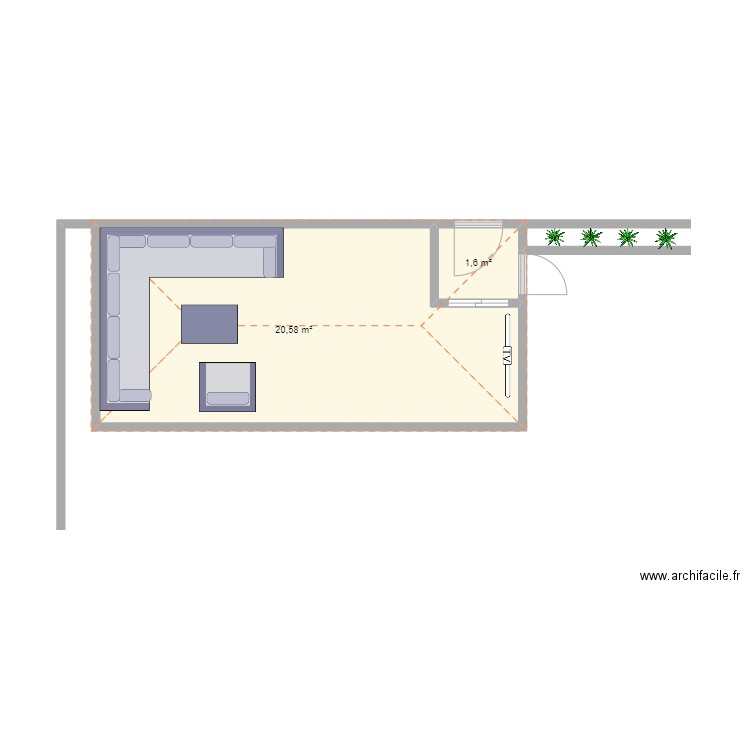 Paillote. Plan de 2 pièces et 22 m2