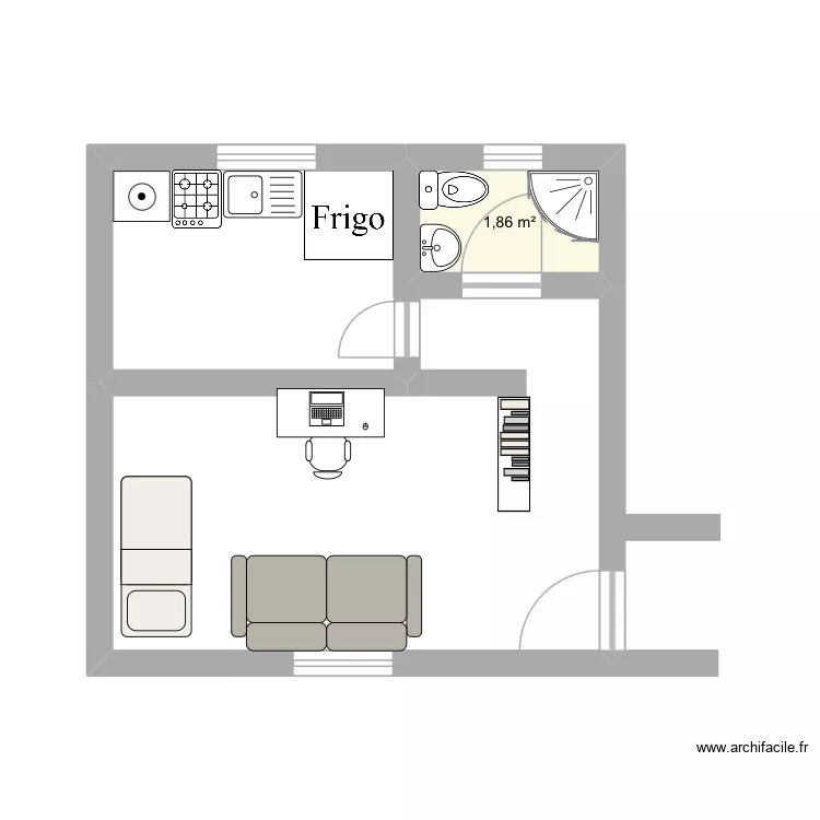 Studio. Plan de 1  et 2 m²