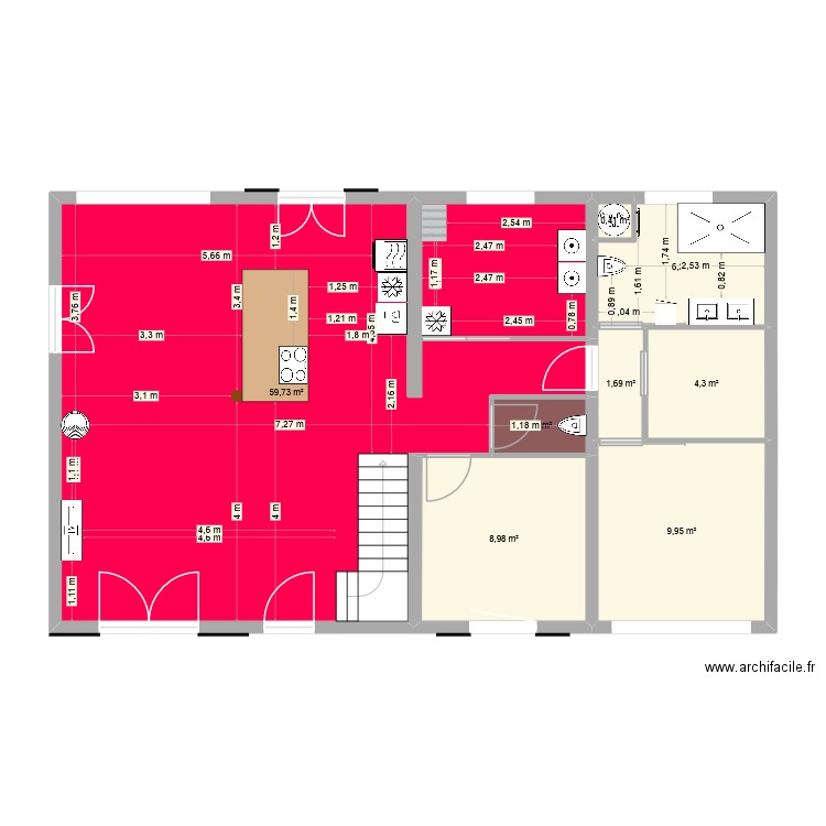 La casa RdC. Plan de 8 pièces et 93 m2