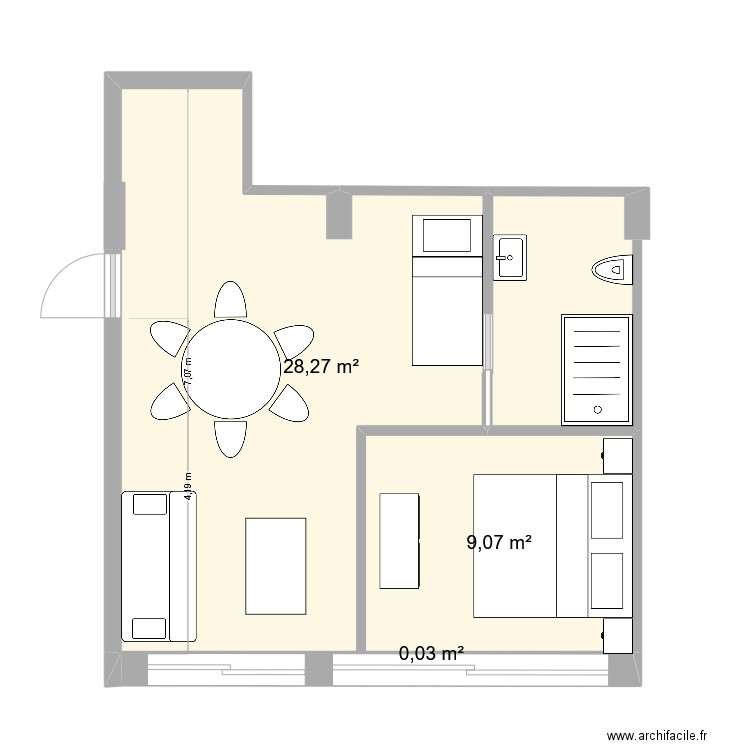 Studio model. Plan de 3 pièces et 37 m2