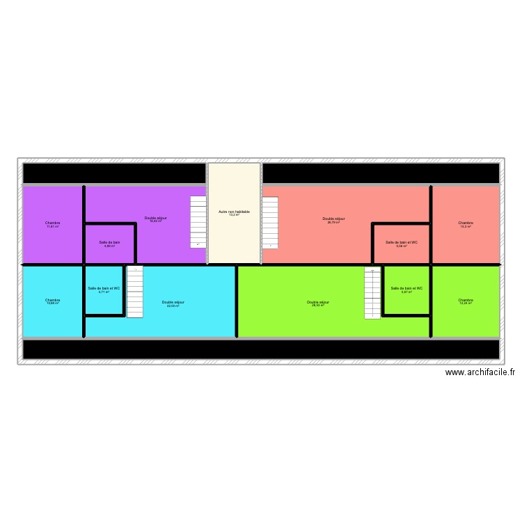 SU Comble duplex avec mur. Plan de 16 pièces et 224 m2