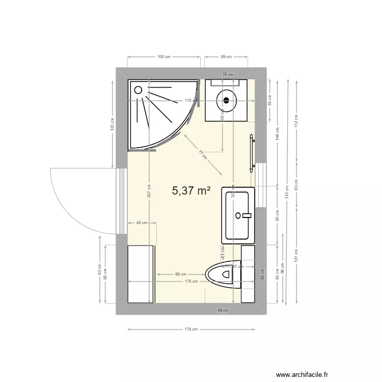 Salle de bain PM 5 douche 100x100 WC de 49. Plan de 