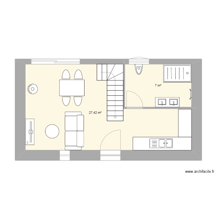 grange. Plan de 2 pièces et 34 m2