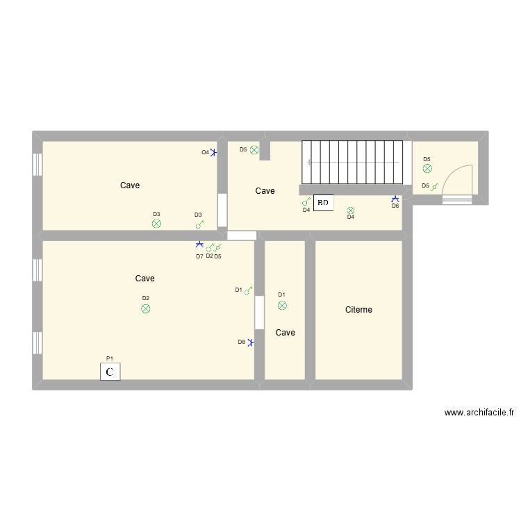 cave. Plan de 6 pièces et 58 m2