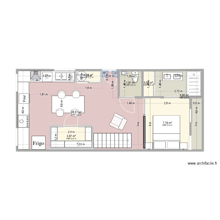 sous sol. Plan de 7 pièces et 50 m2