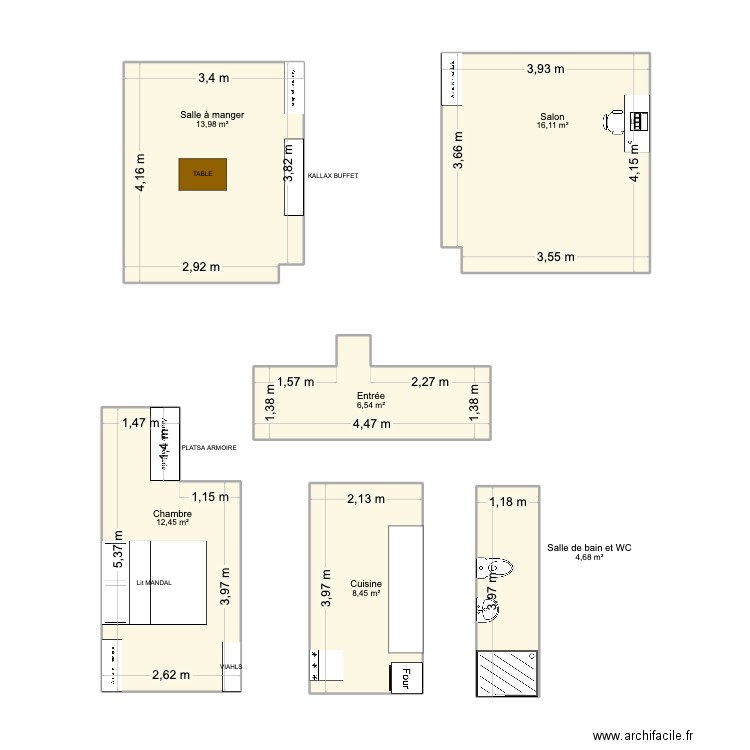 PARCS_PIECES. Plan de 6 pièces et 62 m2