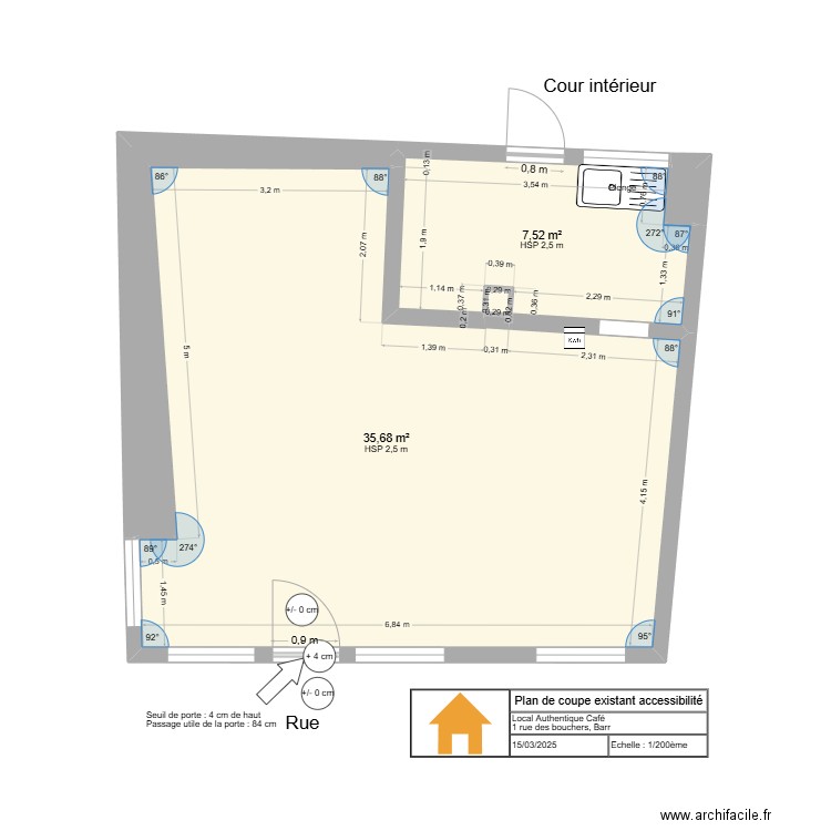 Authentique Café existant accessibilité archi. Plan de 4 pièces et 46 m2