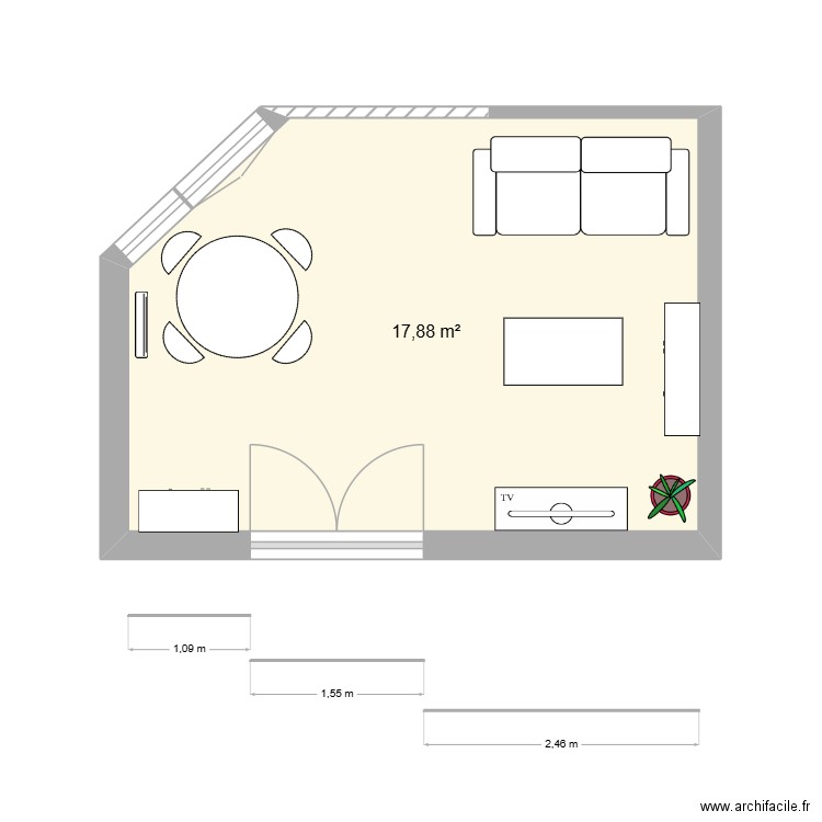 Salon/Salle à manger table ronde. Plan de 1 pièce et 18 m2