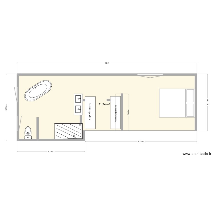 chambre. Plan de 1 pièce et 31 m2