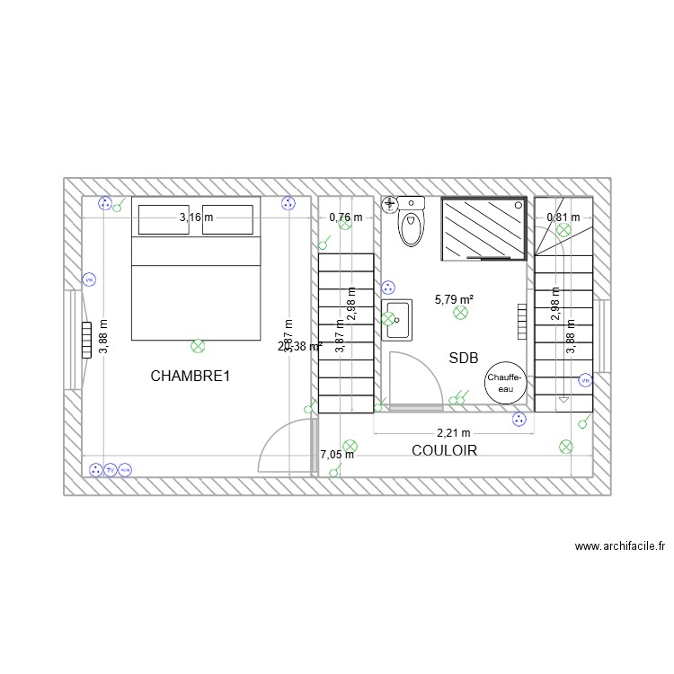 etage maison tourlaville. Plan de 2 pièces et 26 m2
