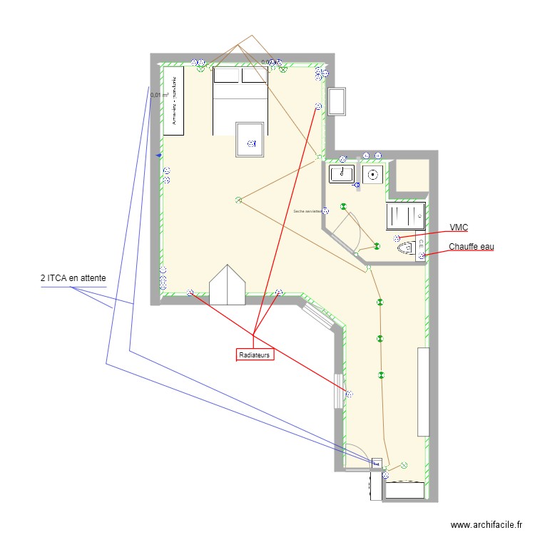 34 St Honoré électricité Chambre. Plan de 4 pièces et 53 m2