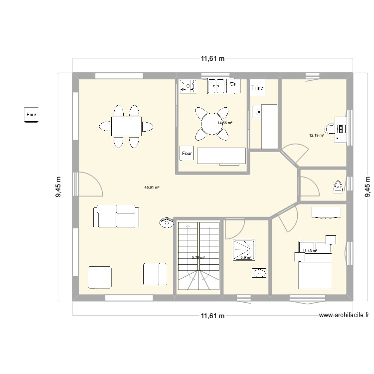 avec salon traversant. Plan de 6 pièces et 96 m2