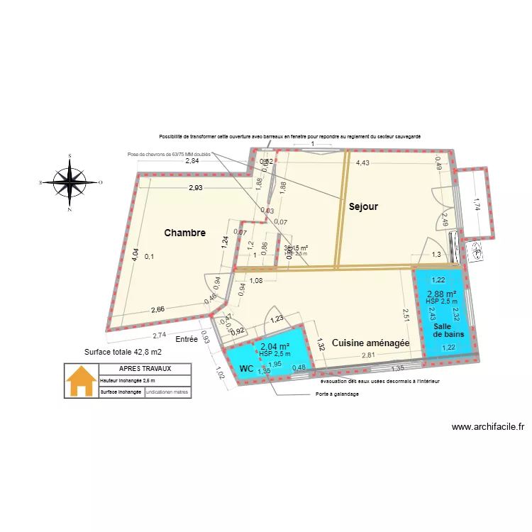 Amouyer apr&egrave;s travaux VERSION Studio. Plan de 3 pièces et 43 m²