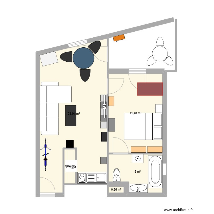 T2 Clairval. Plan de 5 pièces et 42 m2